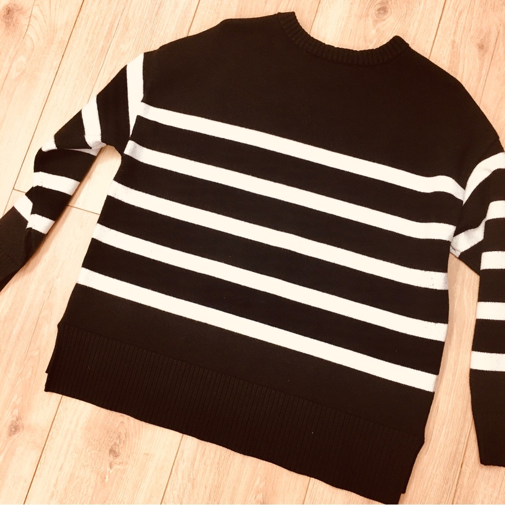 French Connection Black & White Striped Crewneck Sweater nautical winter large